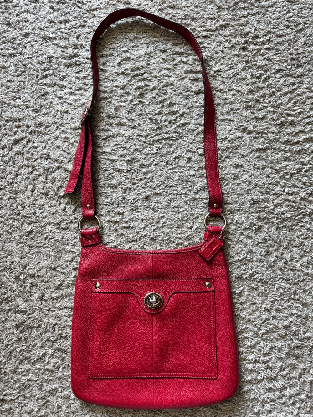 Coach Penelope Red Pebbled Leather Turnlock Crossbody Bag